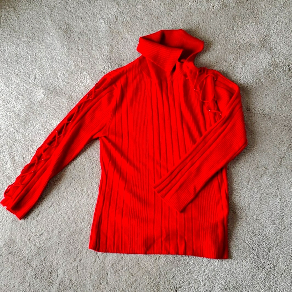 Open turtle neck red sweater with see thru sleeves
